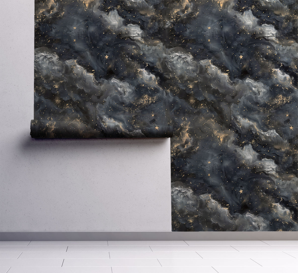 Dark celestial wallpaper with painterly charcoal and grey clouds, scattered gold stars and subtle metallic-style speckles on wall.