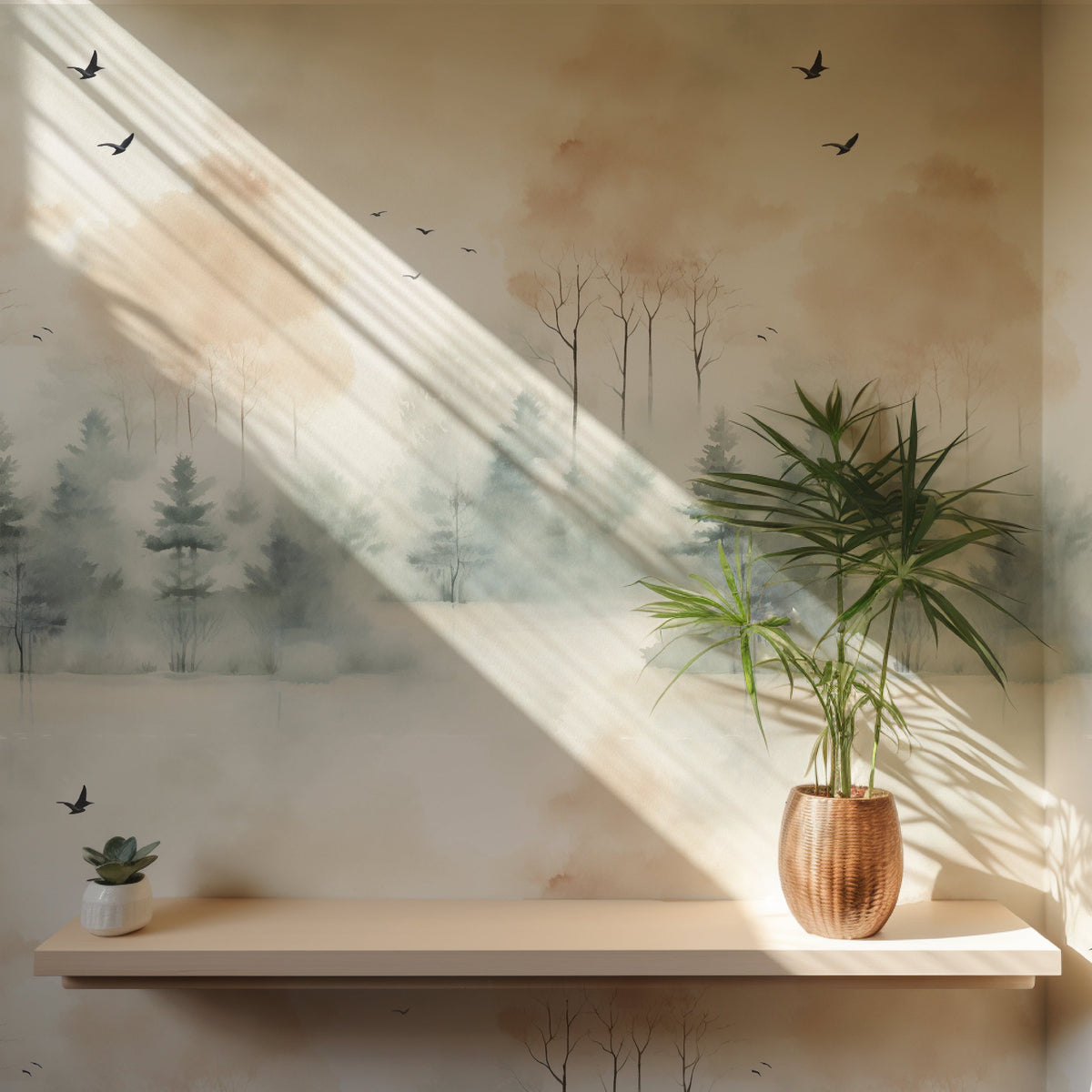 Soft watercolor forest wallpaper with misty evergreen trees, warm beige foliage and flying birds in a peaceful neutral woodland landscape with floating shelf in room