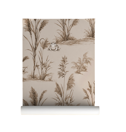 Vintage toad wallpaper with botanical reeds and grasses, sepia nature illustration, moody cottagecore wall design with whimsical frog on roll