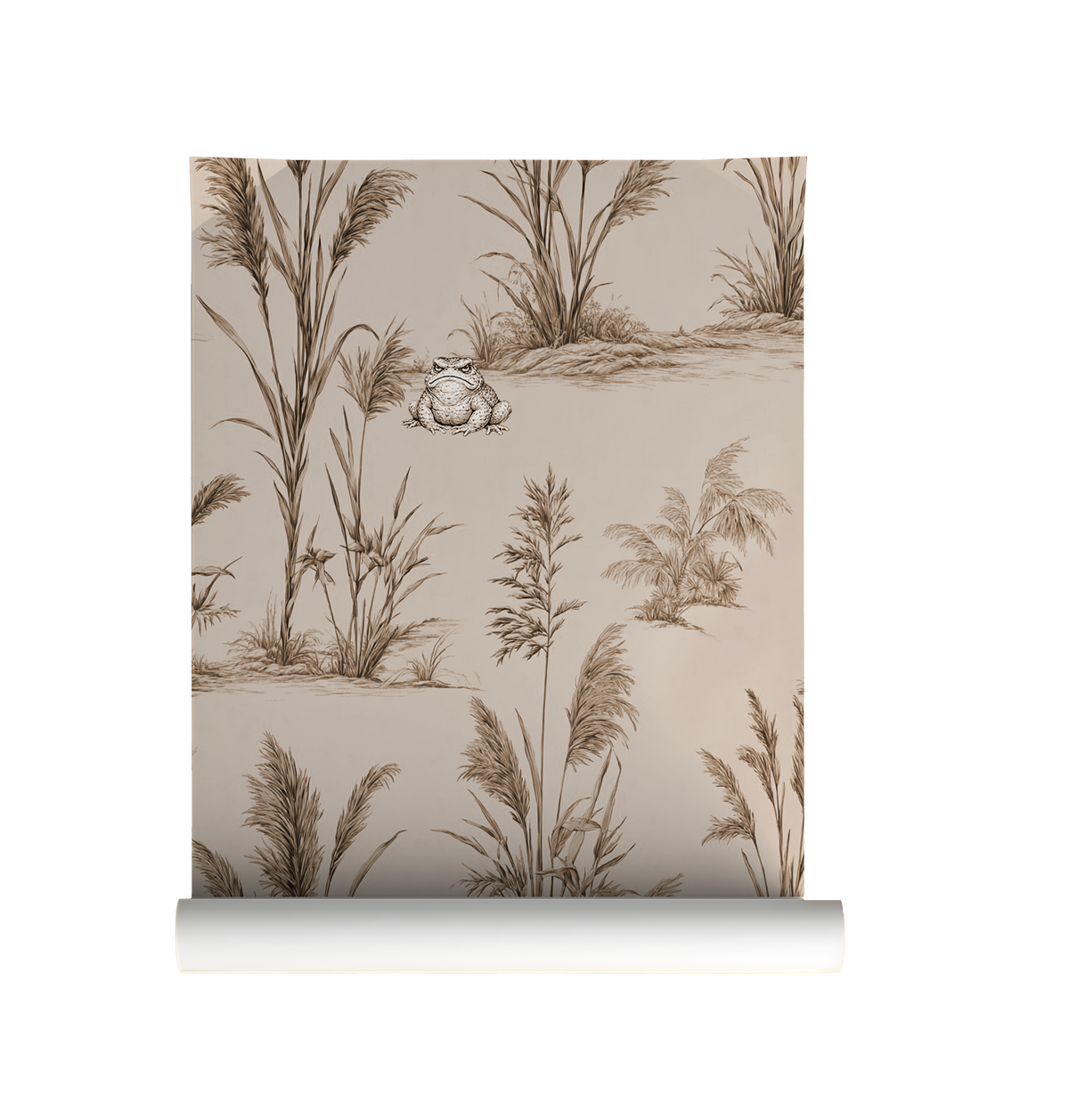 Vintage toad wallpaper with botanical reeds and grasses, sepia nature illustration, moody cottagecore wall design with whimsical frog on roll