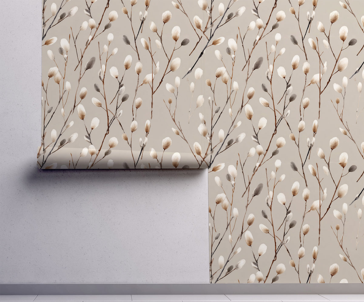Furry Catkins Wallpaper – Neutral Botanical Peel and Stick Wallpaper