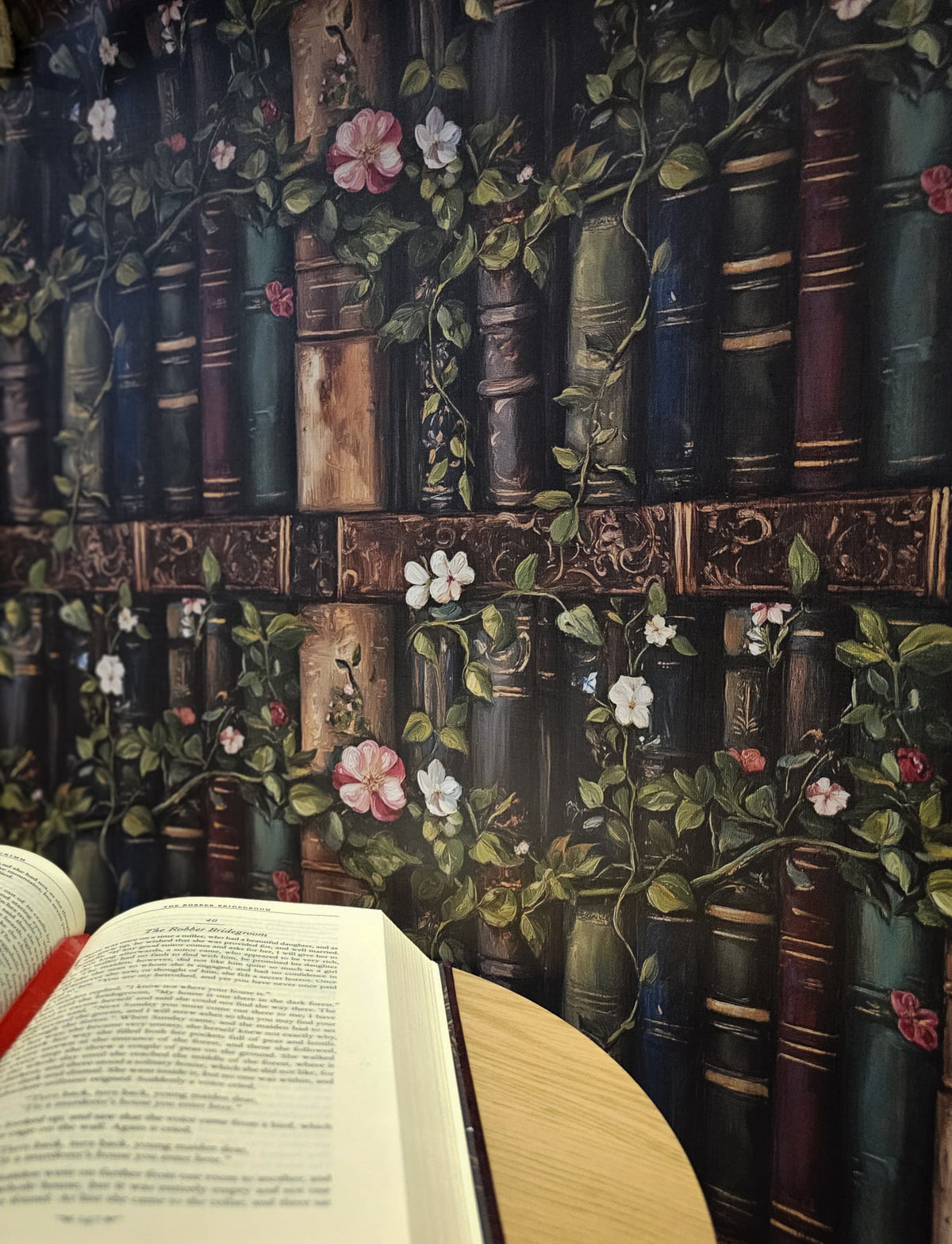 Bookshelf wallpaper peel and stick, dark academia library wall mural with antique books, flowers, and botanical vines in living room