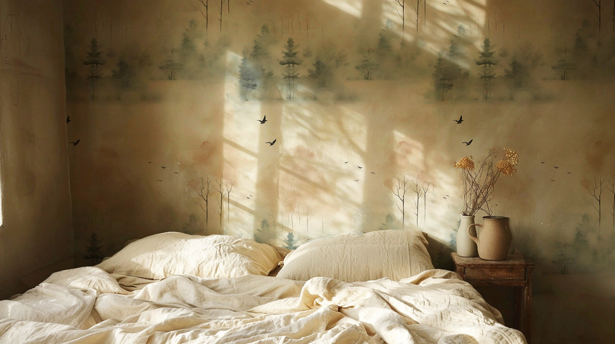 Soft watercolor forest wallpaper with misty evergreen trees, warm beige foliage and flying birds in a peaceful neutral woodland landscape in bedroom.