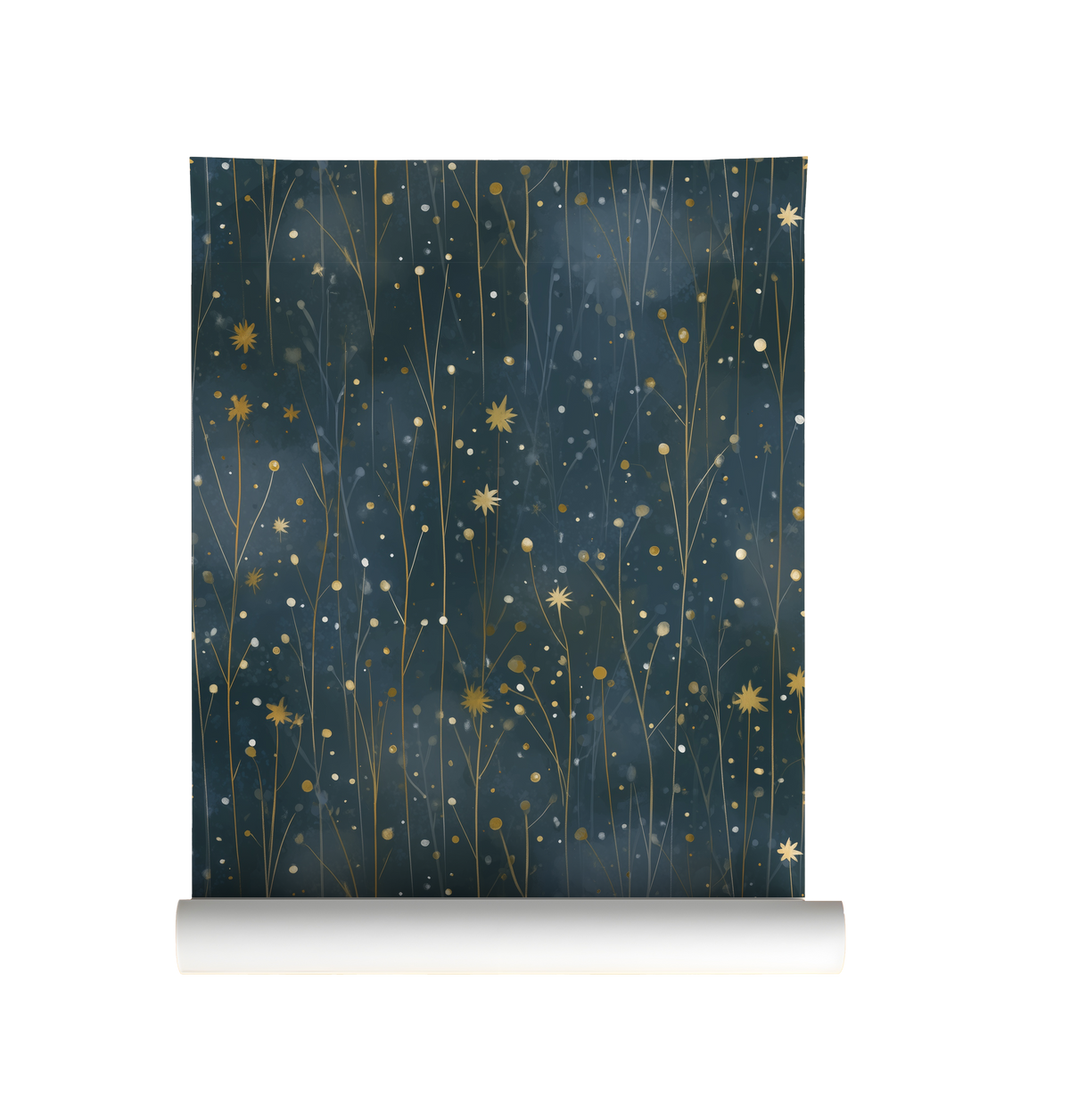Dark starry meadow wallpaper with delicate wildflower stems and golden stars on a deep blue background on roll