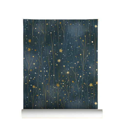 Dark starry meadow wallpaper with delicate wildflower stems and golden stars on a deep blue background on roll