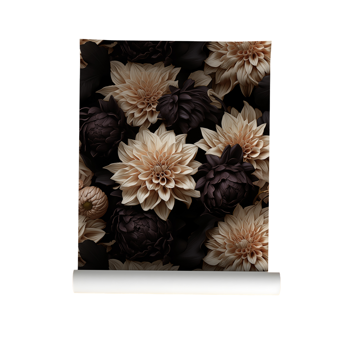 Roll of wallpaper with beige and brown flowers on a black background