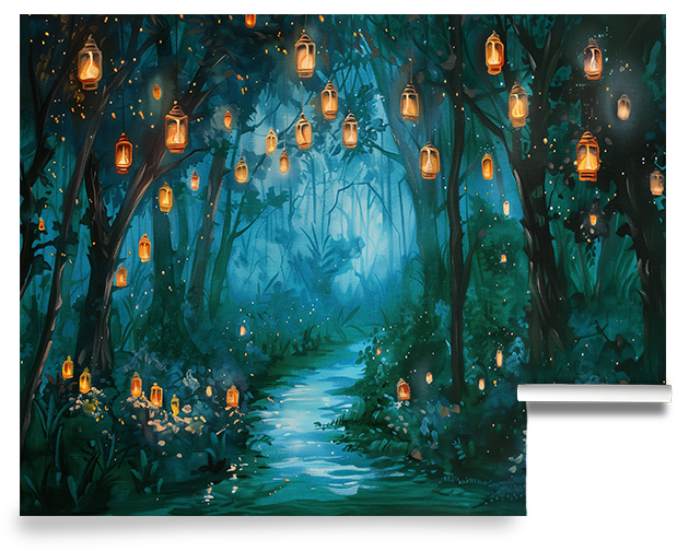 Wallpaper mural of Fantasy forest scene with glowing lanterns and a stream