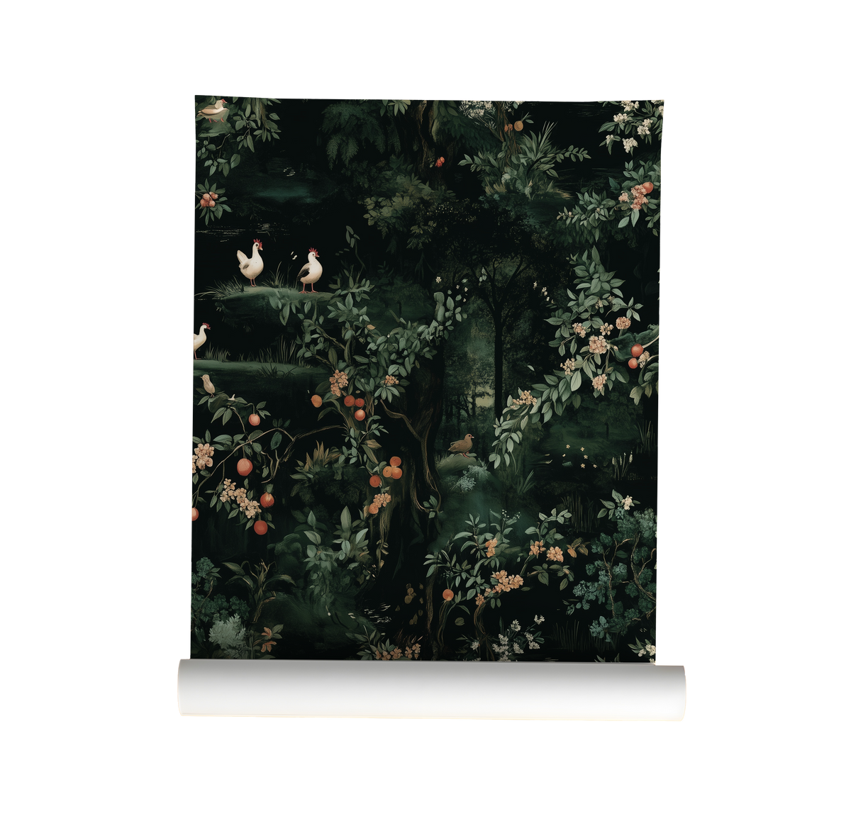 Renaissance Chickens Wallpaper – Dark Botanical Farmhouse Wallpaper