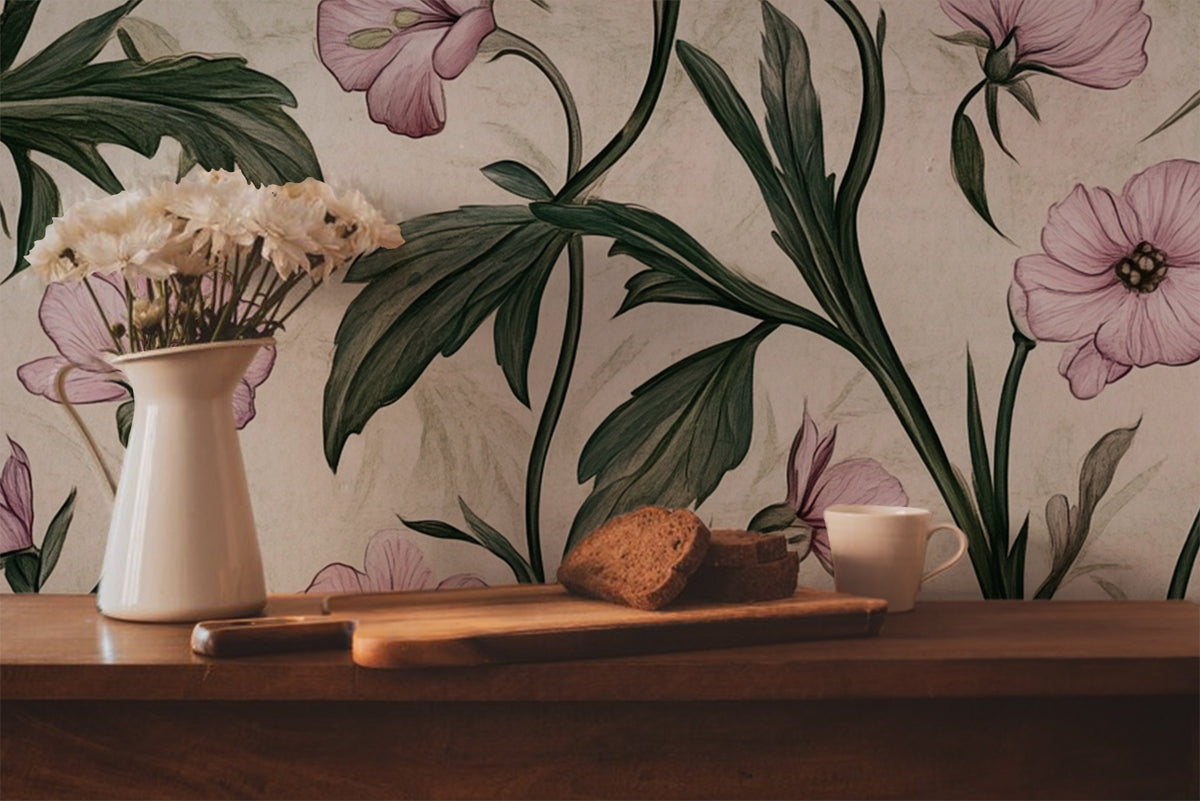 Soft blush floral wallpaper with delicate pink wildflowers and trailing botanical stems on a warm neutral background, cottagecore wallpaper design for bedrooms, nurseries, and romantic interiors, in kitchen
