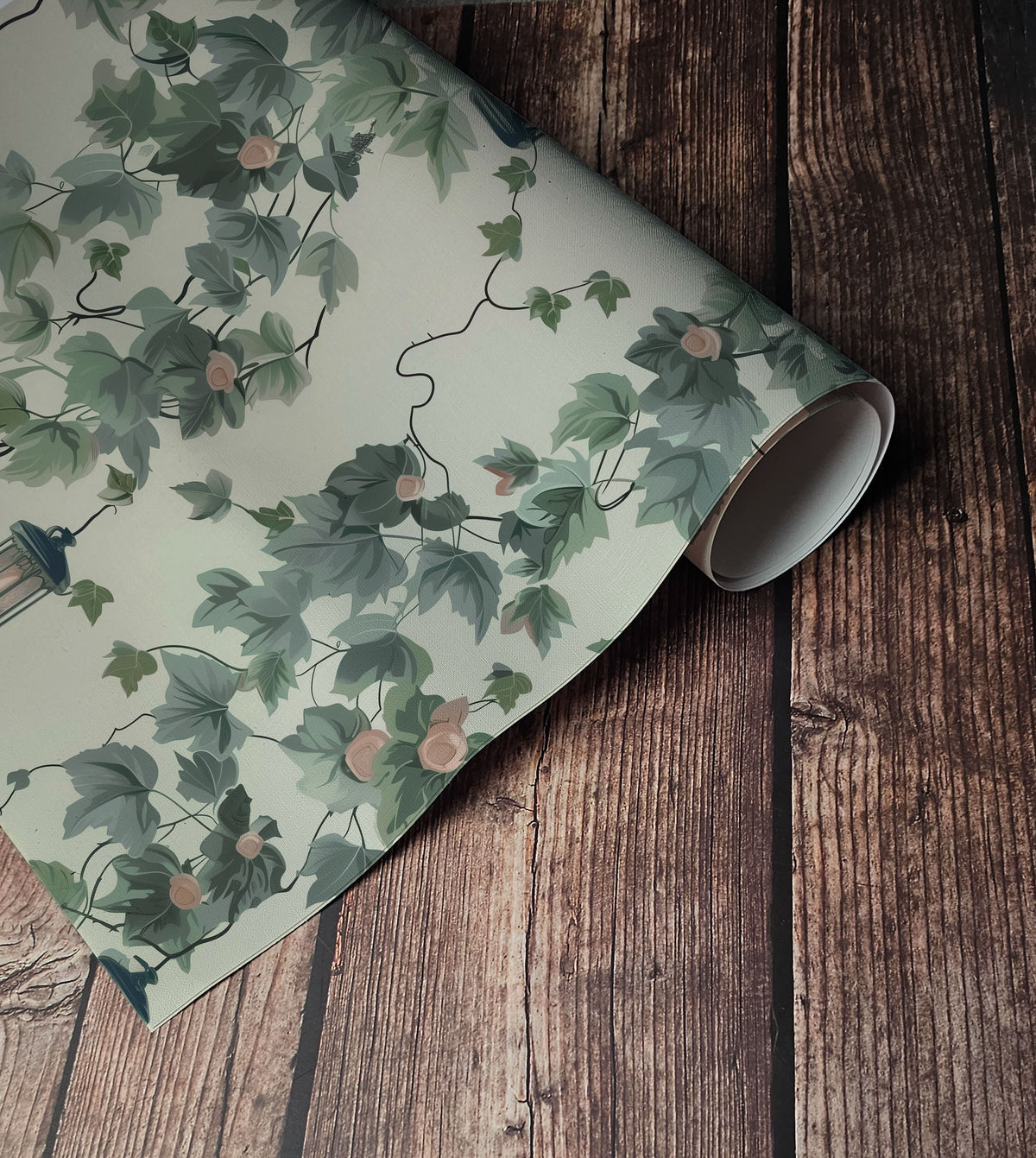Botanical wallpaper with trailing green vines, delicate flowers and hanging lanterns up close