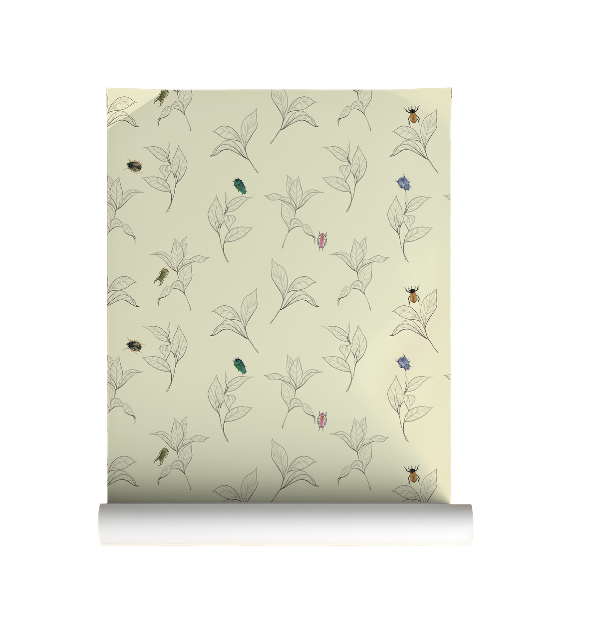 Roll of wallpaper with a floral and insect pattern on a beige background