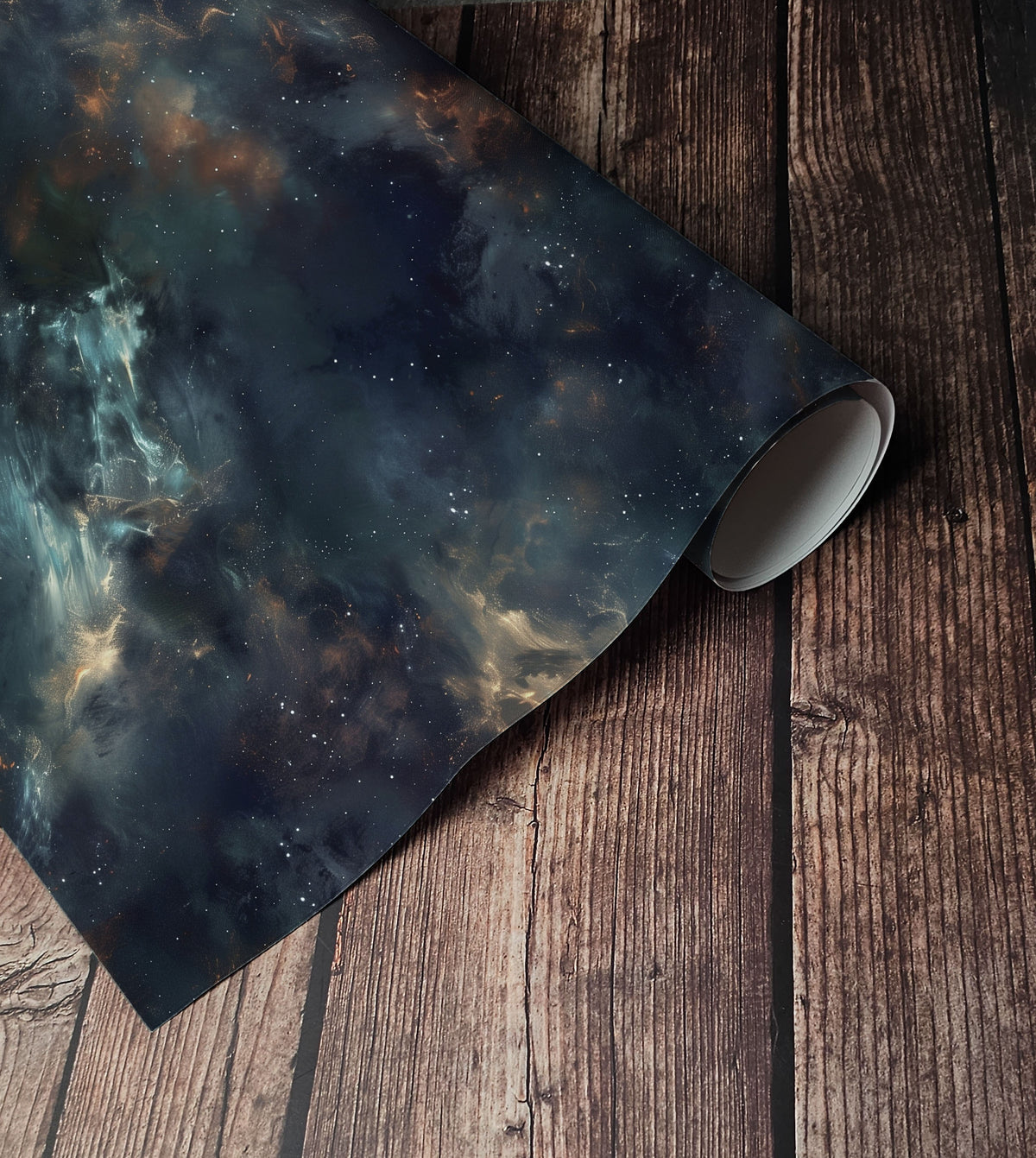 Peel and stick wallpaper with swirling galaxy design, stars, and nebula tones in teal, gold, and midnight blue for celestial interiors