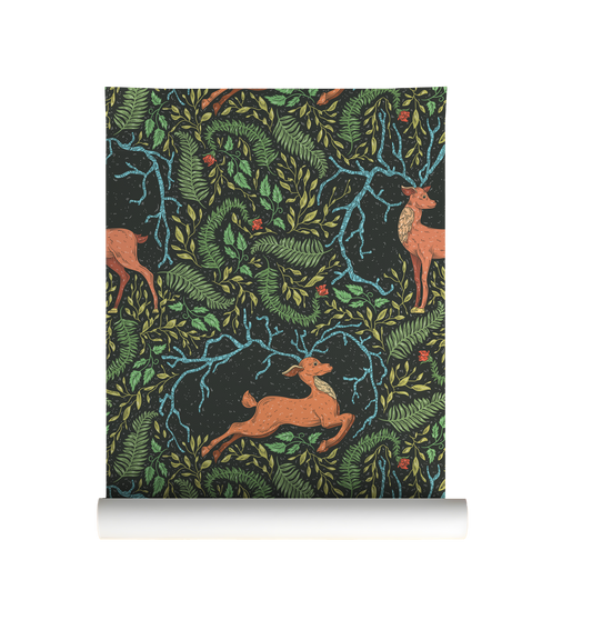 Dark woodland deer wallpaper featuring copper-colored deer, lush ferns, twisting branches, and forest foliage on a black background on roll