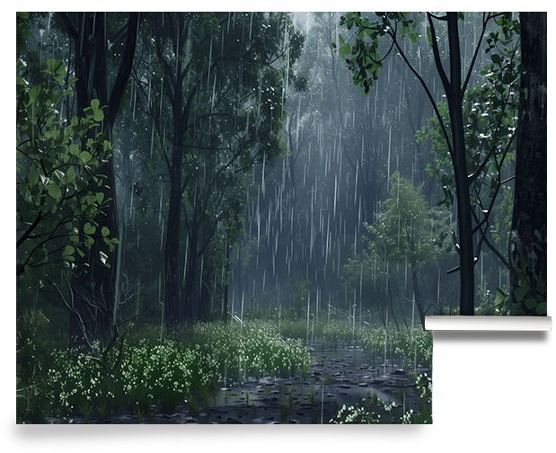 Wall Mural Forest scene with heavy rain and misty atmosphere