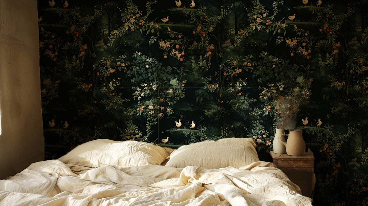Renaissance Chickens Wallpaper – Dark Botanical Farmhouse Wallpaper