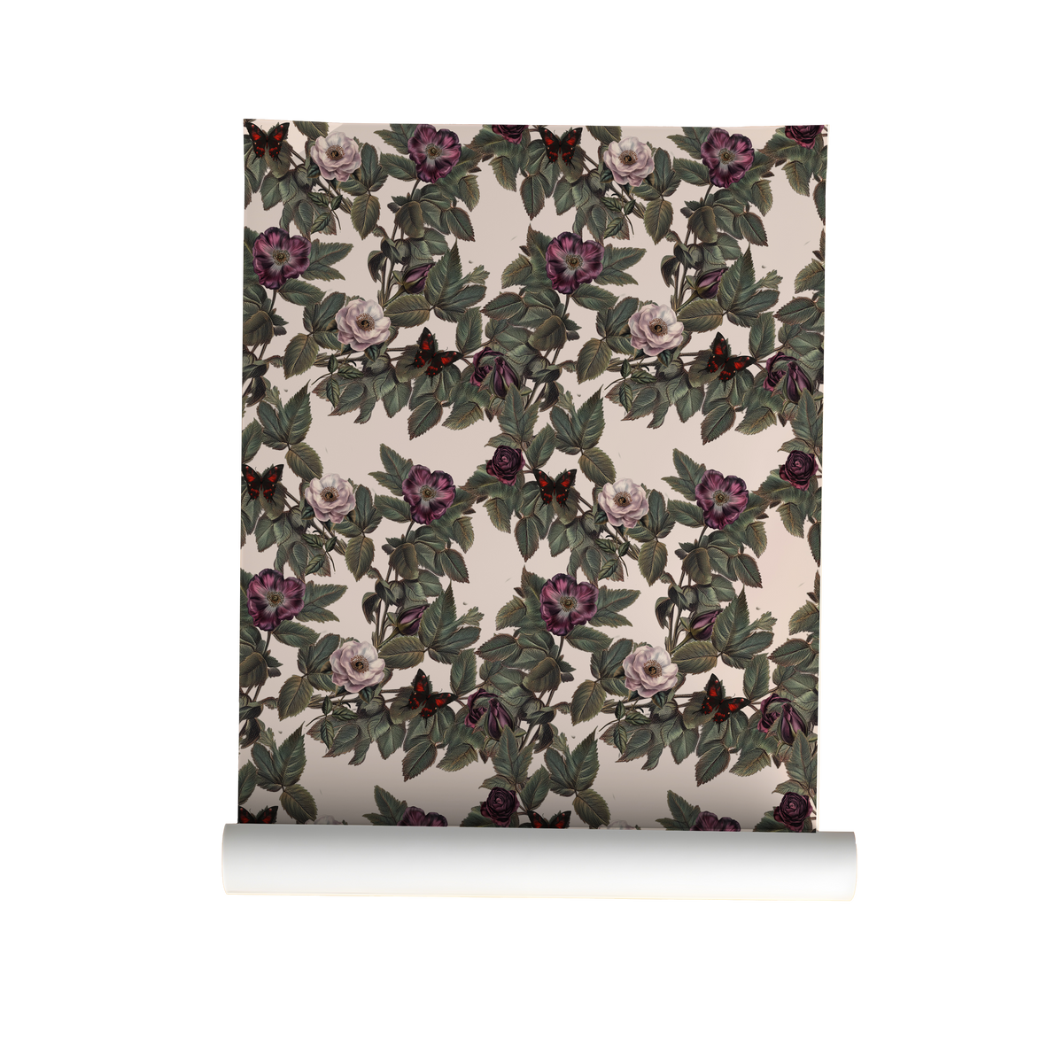 Vampire butterfly wallpaper with moody black and burgundy butterflies among vintage-style roses and green foliage on a soft blush background on roll
