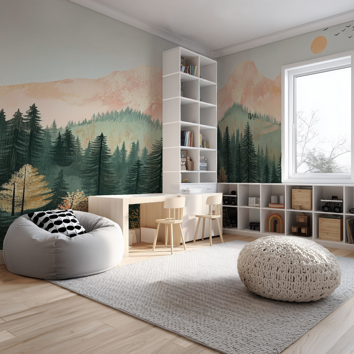 Pastel mountain forest wallpaper mural featuring misty evergreen trees, soft peach mountains, and autumn foliage in a serene woodland landscape design.