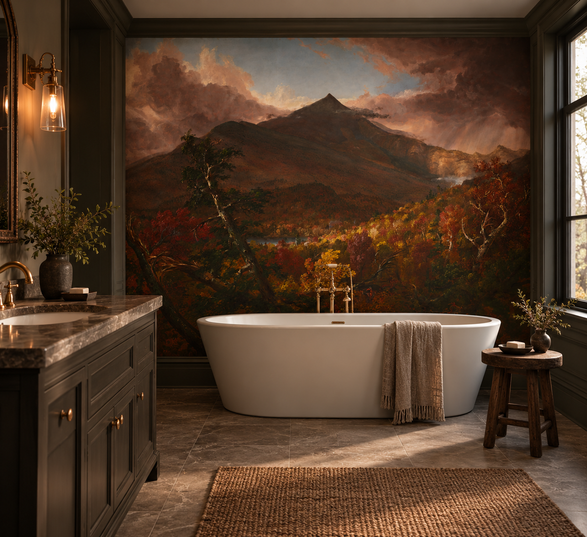 Moody mountain landscape mural with dramatic pink storm clouds, dark mountain peaks and richly coloured autumn forests in bathroom