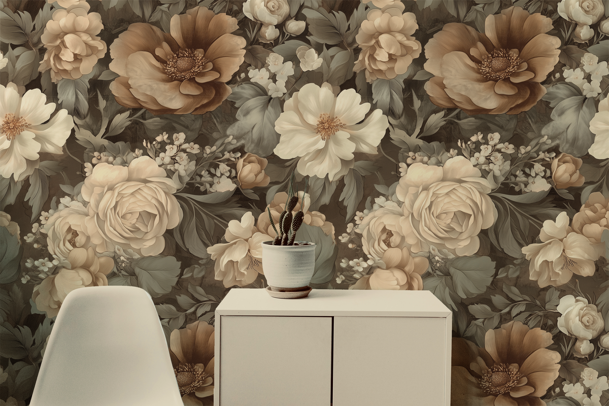 Vintage floral wallpaper featuring cream, ivory, and taupe roses with layered botanical blooms on a muted olive background, creating a warm cottagecore and traditional garden aesthetic, in room