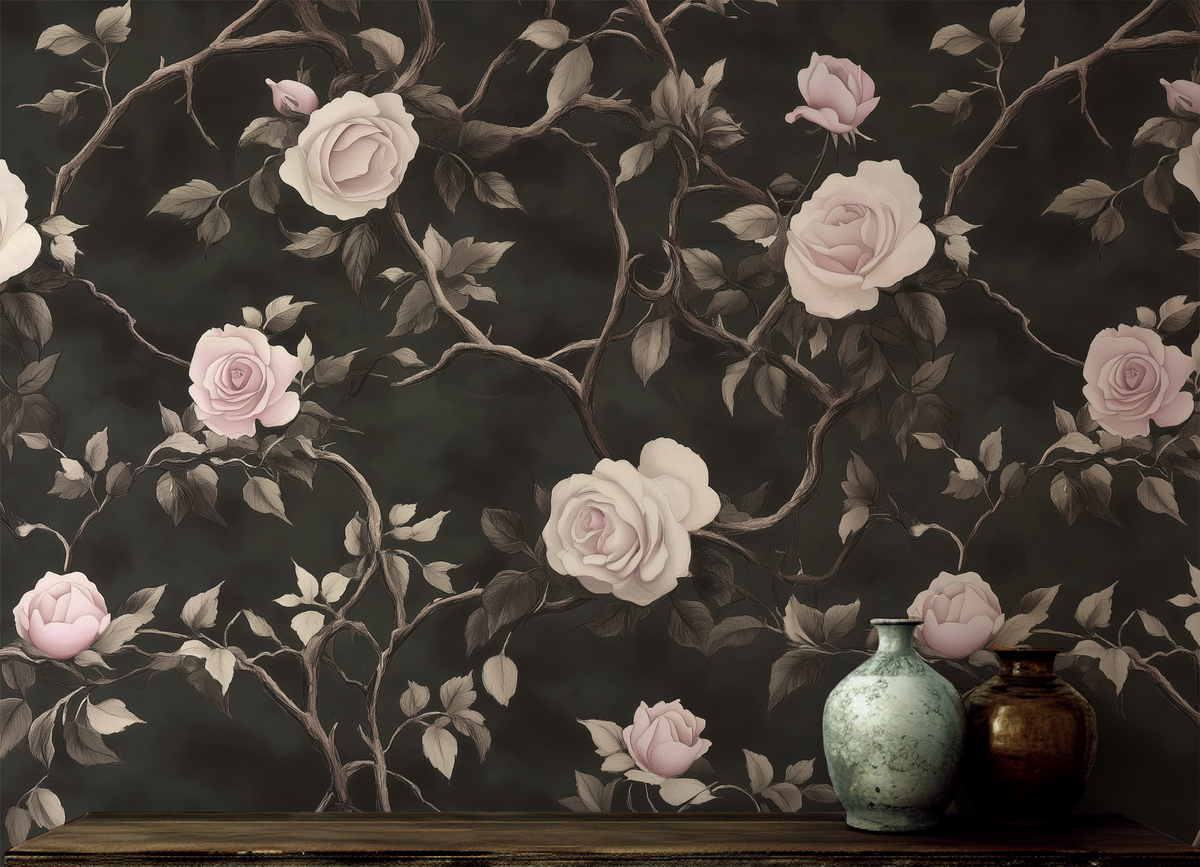 Dark floral wallpaper with ivory and blush roses climbing twisted vines on a moody black background