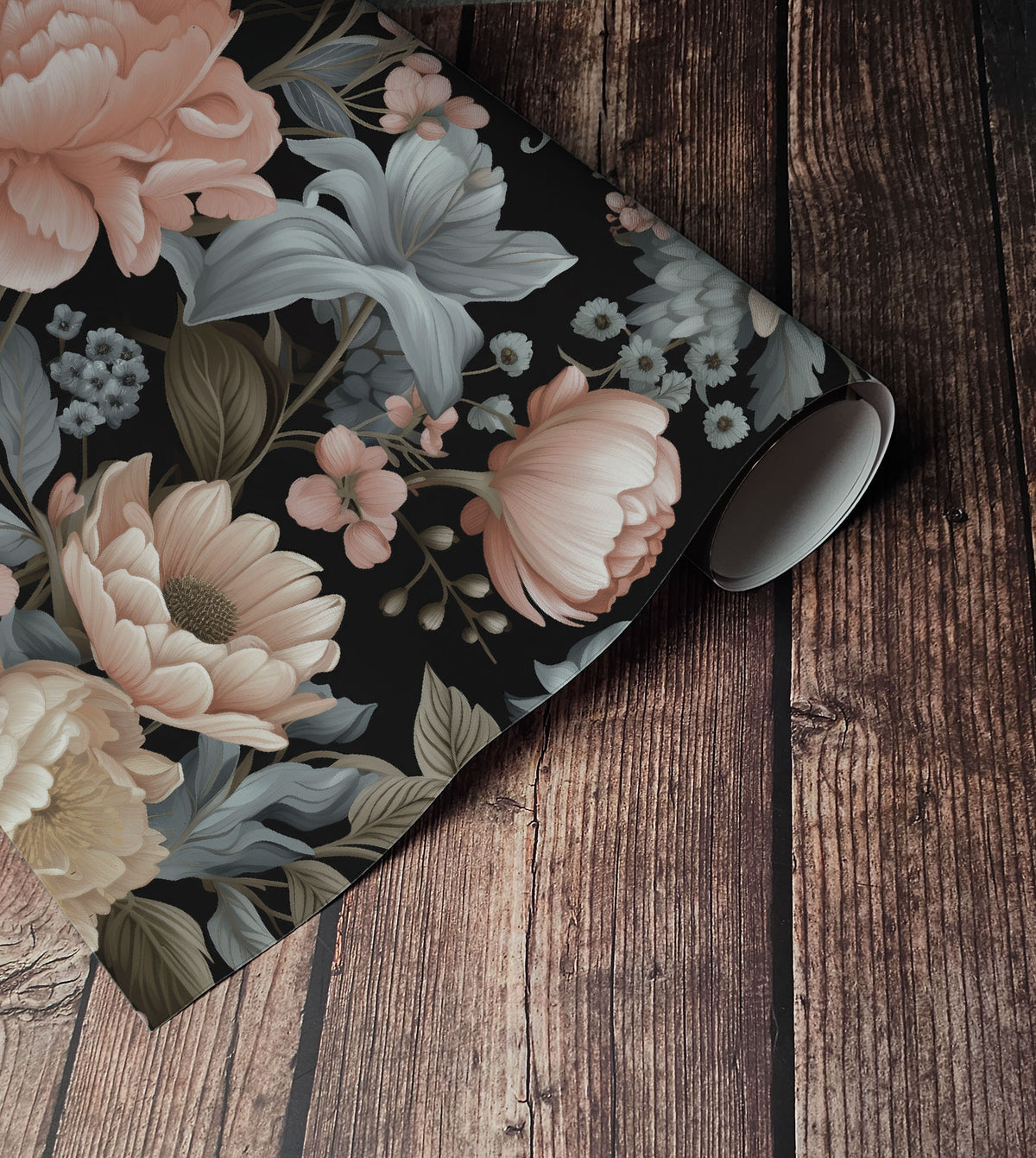 Moody blush floral wallpaper with oversized peonies and blue-gray botanical foliage on a black background up close
