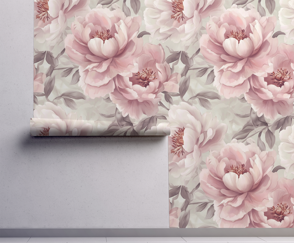 Soft blush pink peony floral wallpaper with oversized romantic blooms, muted mauve leaves and a soft warm grey background on wall.