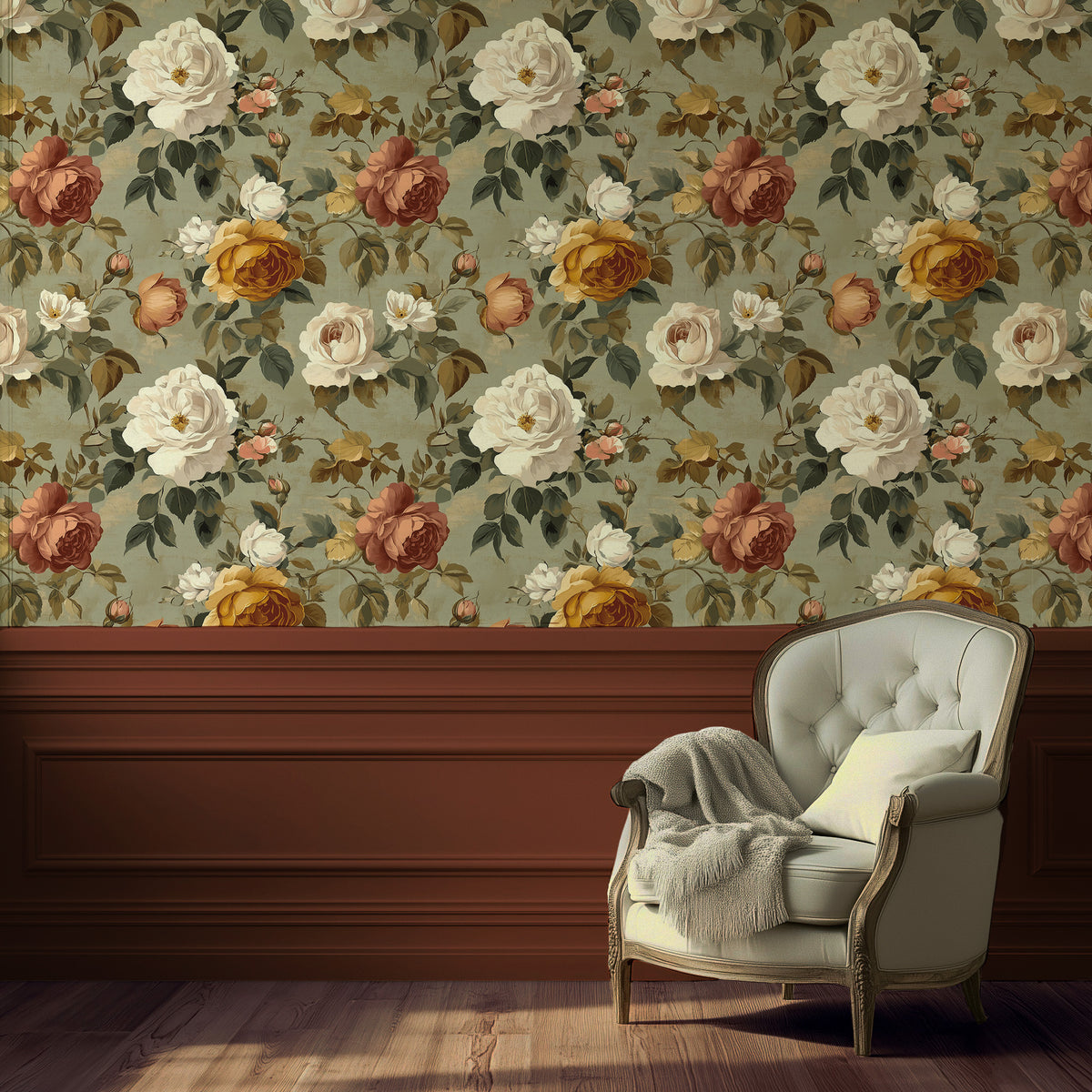 Heirloom Rose - Sage Floral Limewash Wallpaper