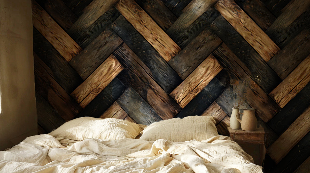 Rustic herringbone wood wallpaper featuring alternating dark stained and natural wood planks with realistic grain, texture, and reclaimed farmhouse character in a bedroom