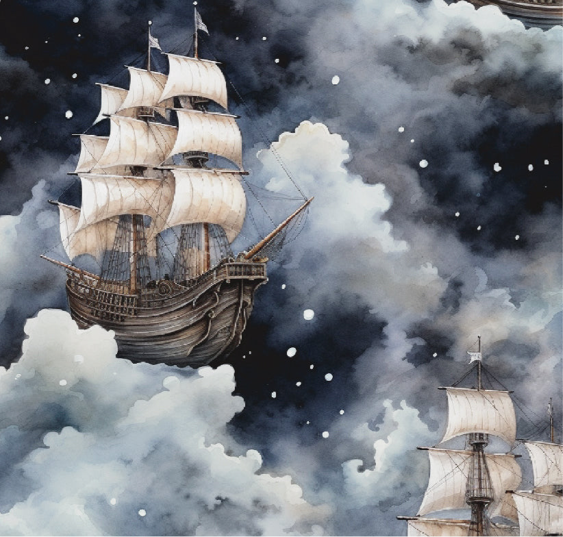 Dark nautical wallpaper with vintage sailing ships floating through dramatic navy blue and grey clouds.