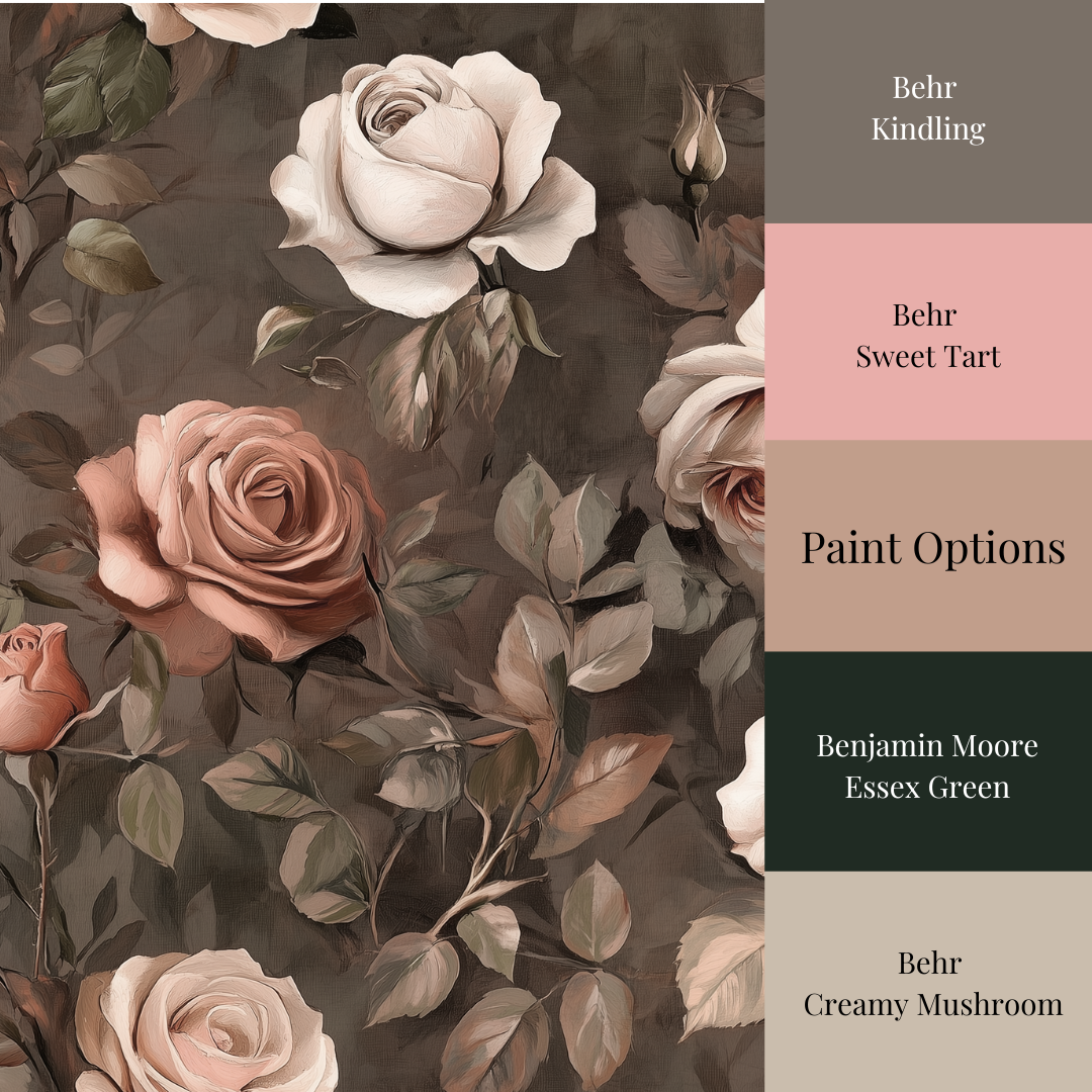 Roses at Dusk - Dark Rose and Limewash Wallpaper