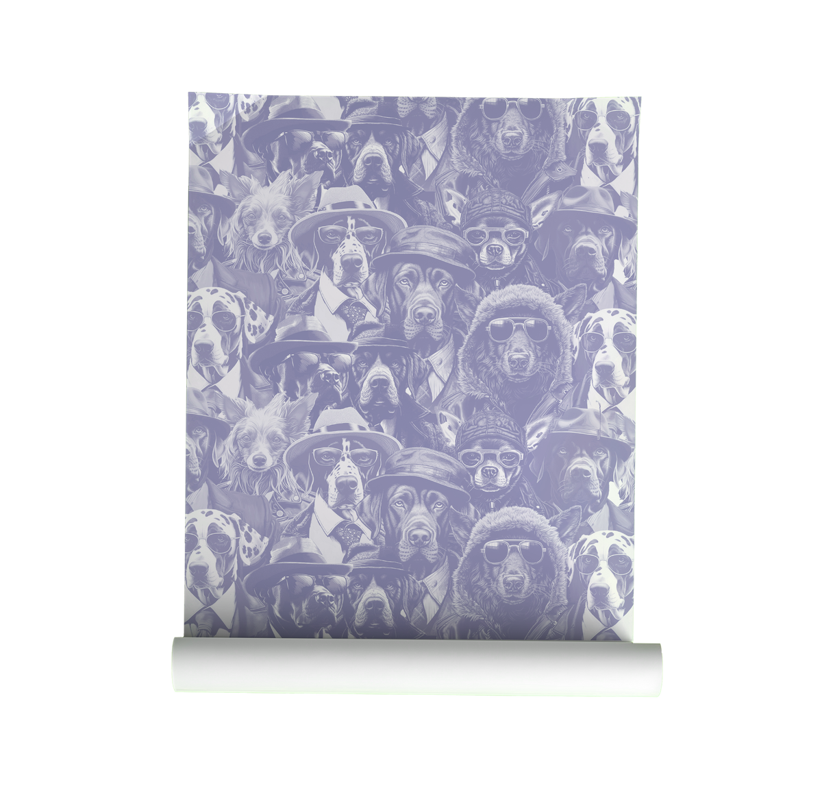 Moody wallpaper featuring a dense collage of stylish dogs in hats, glasses, and coats, illustrated in soft tones with a vintage portrait feel on lilac roll