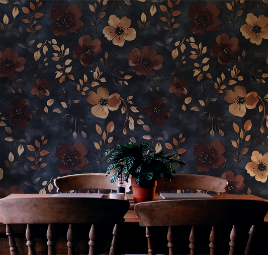 Evening Primrose - Dark Burgundy Floral Wallpaper