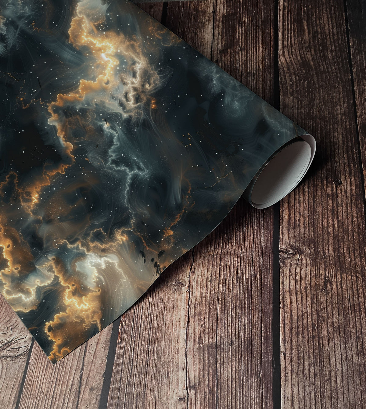 Dark celestial cloud wallpaper in black, charcoal and warm gold tones, up close