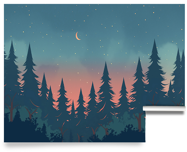 a dreamy northern forest wallpaper mural with pink and teal sunset sky tones through the trees