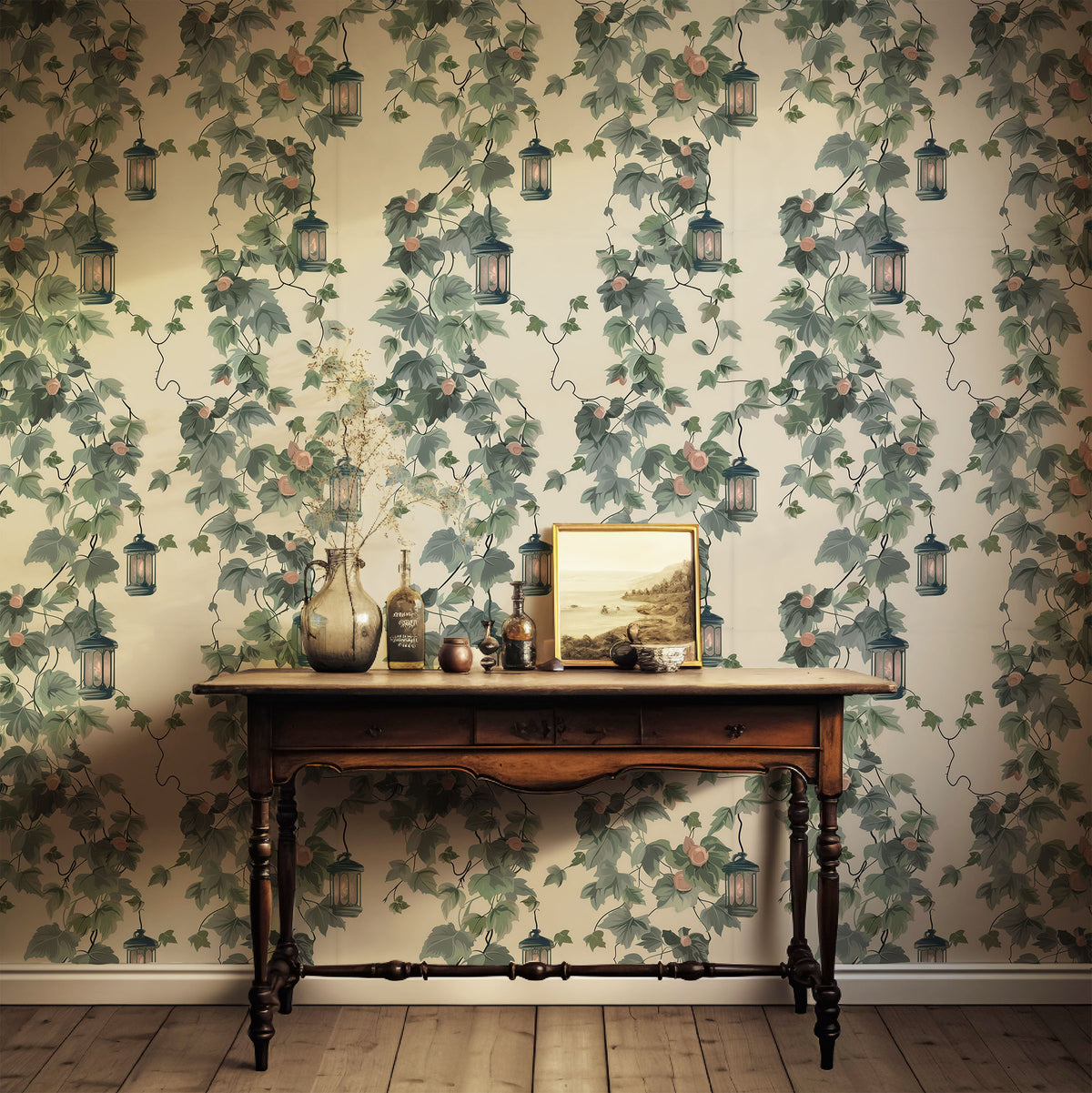 Botanical wallpaper with trailing green vines, delicate flowers and hanging lanterns in a vintage cottagecore living room.