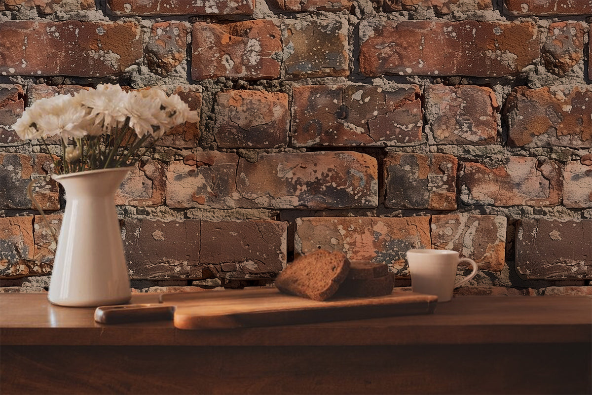 Weathered rustic brick wallpaper featuring aged red and brown bricks with distressed textures, cracked surfaces, and natural lichen details for an authentic reclaimed brick wall look in kitchen