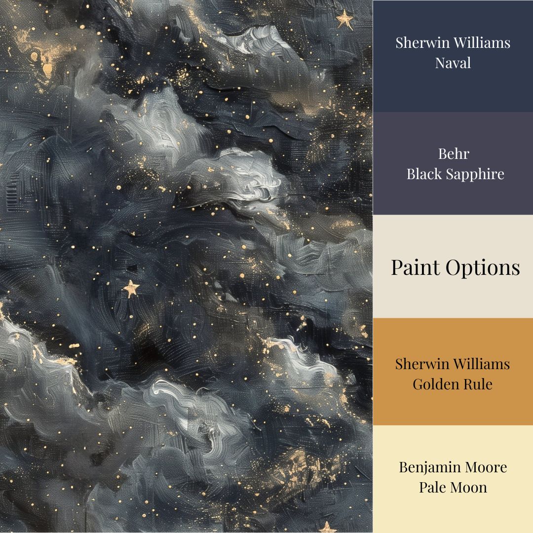 A section of wallpaper with a starry night pattern, showing swirling dark clouds, shimmering stars, and delicate golden accents, with color options including Black Sapphire, Behr, Golden Rule, Paint Options, and two names: Sherrin Williams and Benjamin Moore.