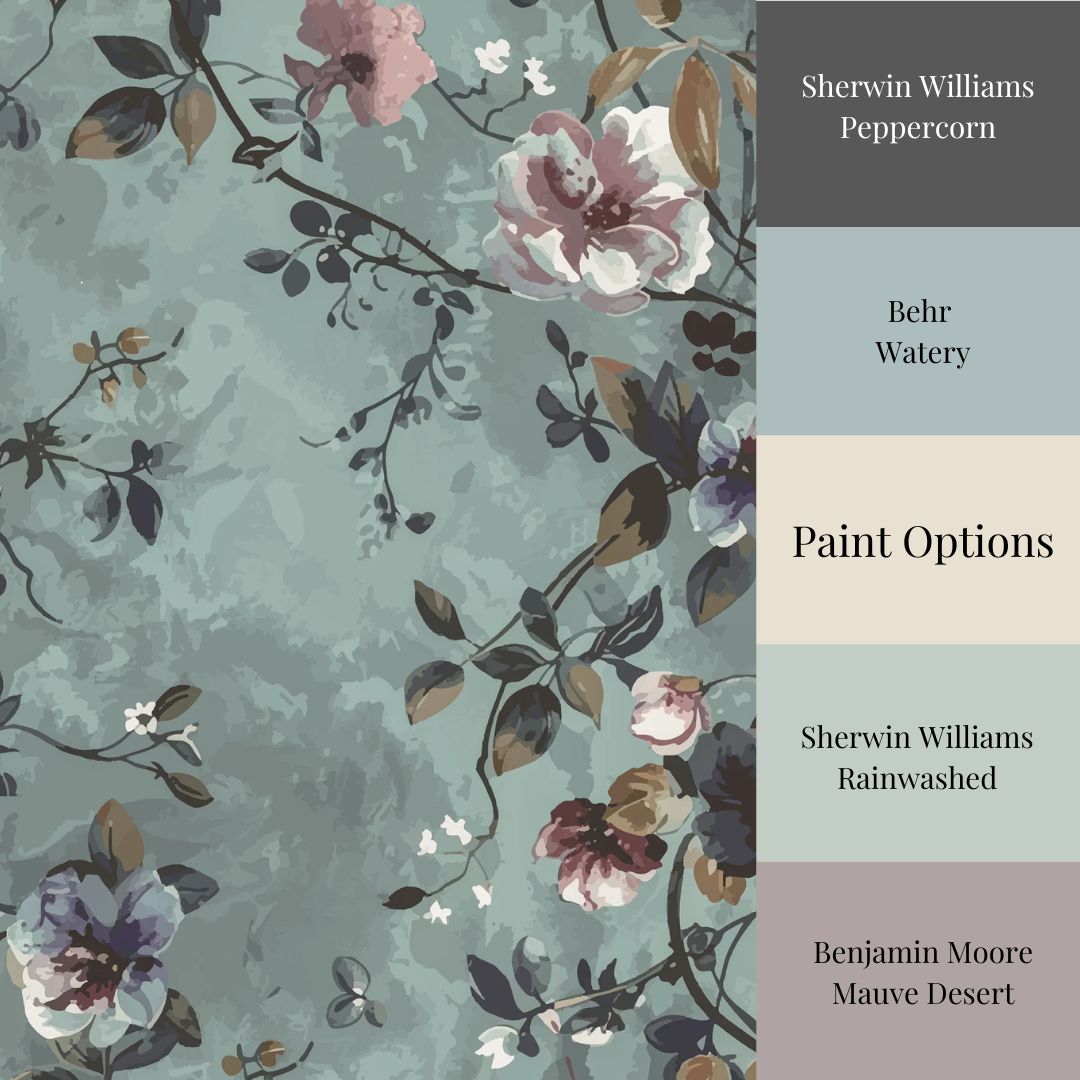 A section of wallpaper with a vintage floral pattern in muted colors on a blue background, labeled with 'Sherman Williams' and 'Behr' brand paint colors to match