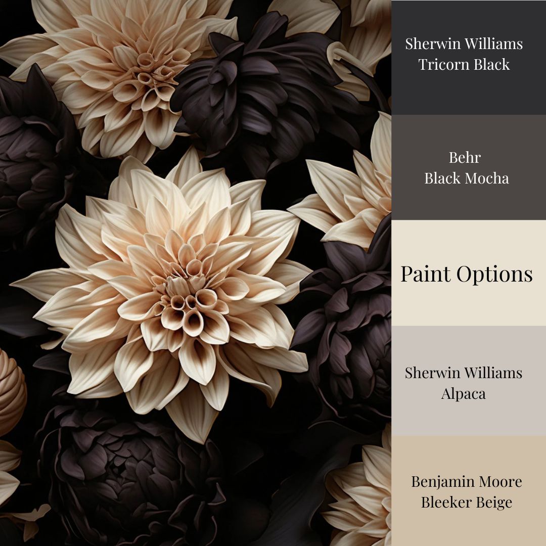 A wallpaper featuring large, detailed floral designs in cream and black colors on a dark background, with a label indicating the paint colors that match.