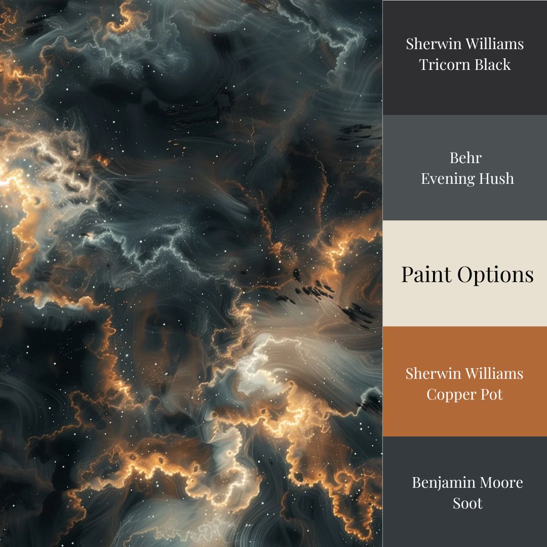 A selection of nebula wallpaper options with color swatches showing the range of colors from dark to light, with paint colors 'Tricorn Black' and 'Evening Hush'