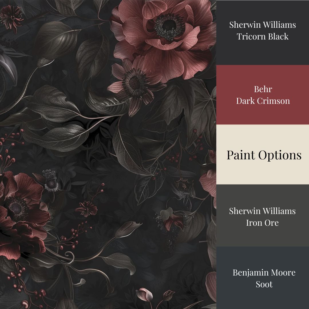 A section of wallpaper with a dark floral pattern featuring rich burgundy blooms set against a deep black background, accompanied by a color palette indicating the available paint options.