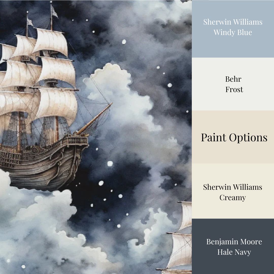 Dark nautical wallpaper with vintage sailing ships floating through dramatic navy blue and grey clouds with matching paint colors.