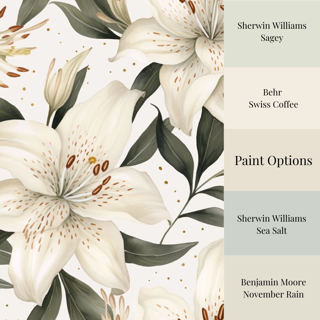 A wallpaper featuring a floral pattern with lily flowers in various shades of white, gray, and green, and text indicating the paint options and color names.