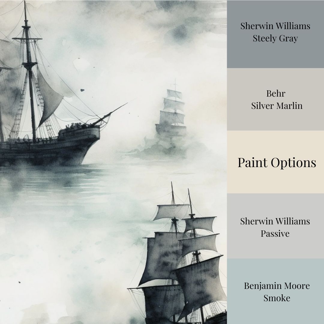 Moody sailing ship wallpaper with vintage tall ships drifting through soft blue-grey watercolor fog on a light neutral background with matching paint colors.