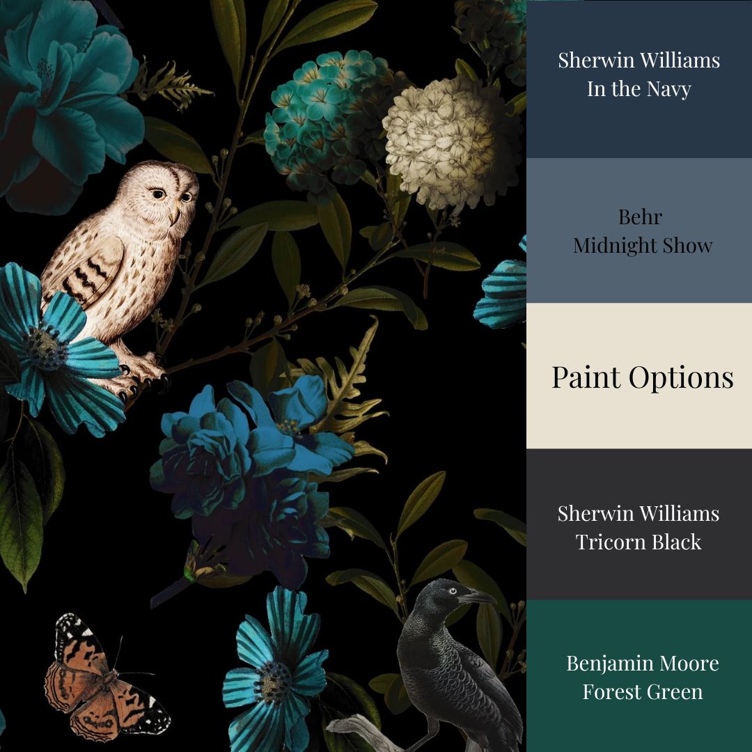 A section of wallpaper with a floral design featuring owls, midnight show paint options, and the names of matching paint colors.
