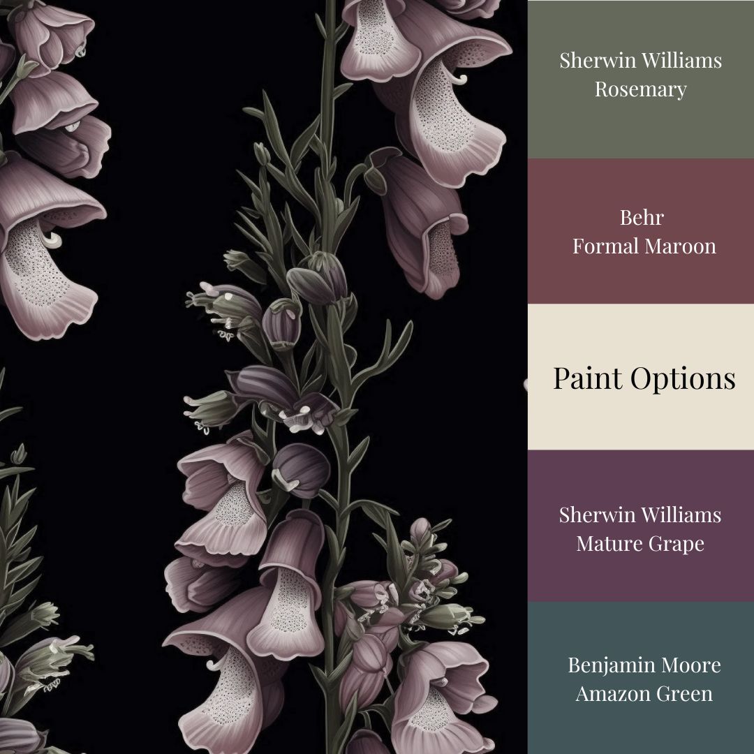 A section of wallpaper featuring an elegant floral pattern with large purple flowers against a bold black background. The image includes color swatches indicating the available paint options.