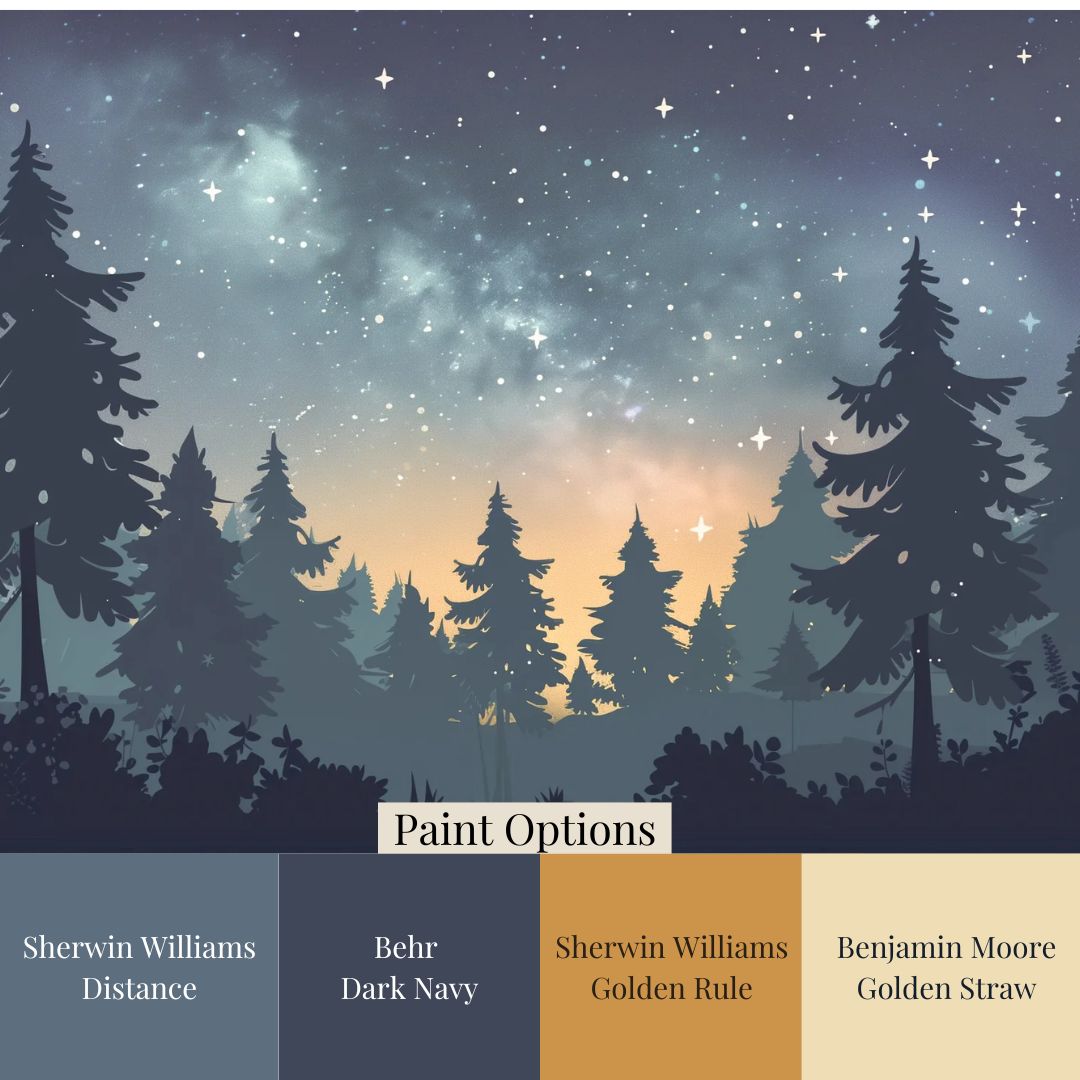 dark moody forest scene wallpaper mural with silhouetted trees and misty mountain atmosphere with matching paint colors