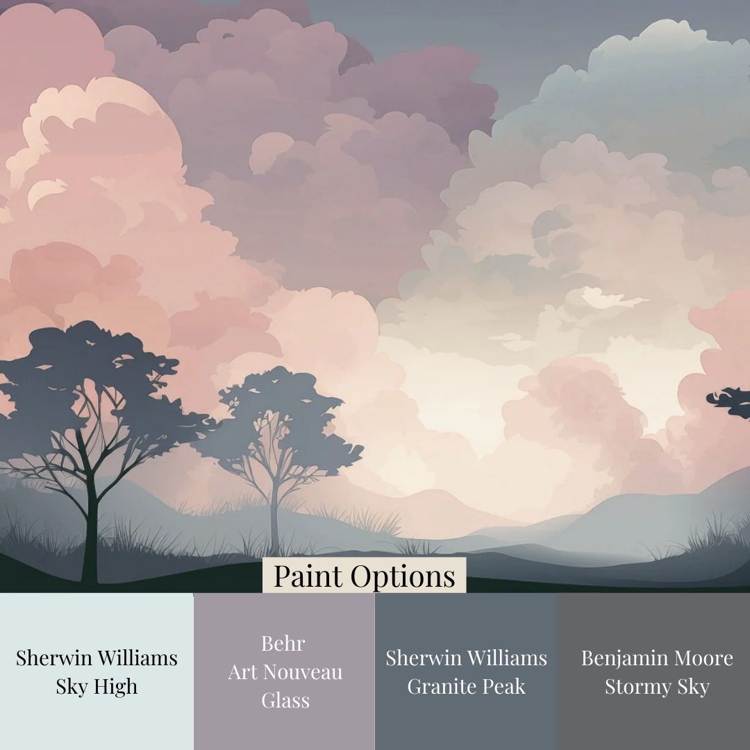 pastel landscape wallpaper with paitn options, including 'Stormy Sky' and 'Granite Peak' among others,