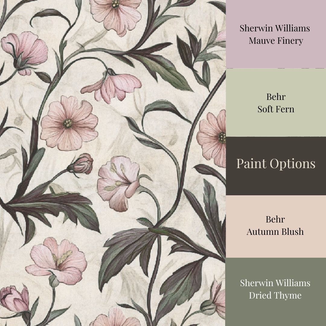 Soft blush floral wallpaper with delicate pink wildflowers and trailing botanical stems on a warm neutral background, cottagecore wallpaper design for bedrooms, nurseries, and romantic interiors, with paint options