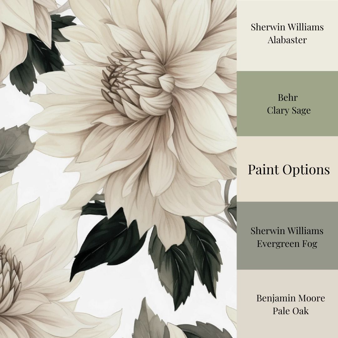 A section of wallpaper with large-scale floral dahlias in creamy tones and green leaves, indicating various color options for the design.